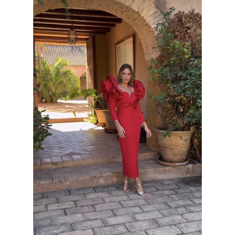 Vestido rojo mangas con volantes